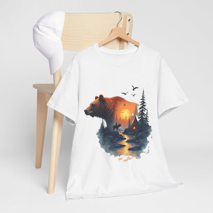 Bear Sunset Wilderness T-Shirt — Scenic Forest Cabin Graphic Tee