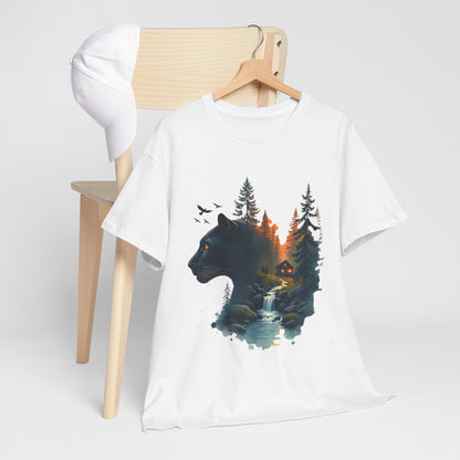 Panther Wilderness Double-Exposure Tee — Mountain Cabin Sunset Graphic Shirt