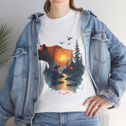 Bear Sunset Wilderness T-Shirt — Scenic Forest Cabin Graphic Tee