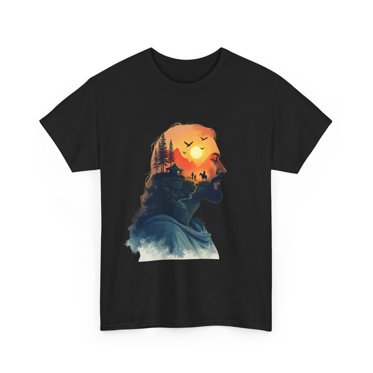 Jesus Sunset Silhouette Tee — Sunset Forest Profile Graphic Shirt