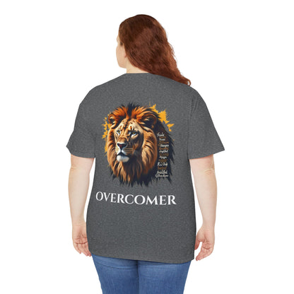 Inspirational Lion Graphic Tee, Faith-Based Shirt, Motivational Unisex Top, Perfect Gift for Lion Lovers, Overcomer Phrase Tee