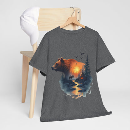 Bear Sunset Wilderness T-Shirt — Scenic Forest Cabin Graphic Tee