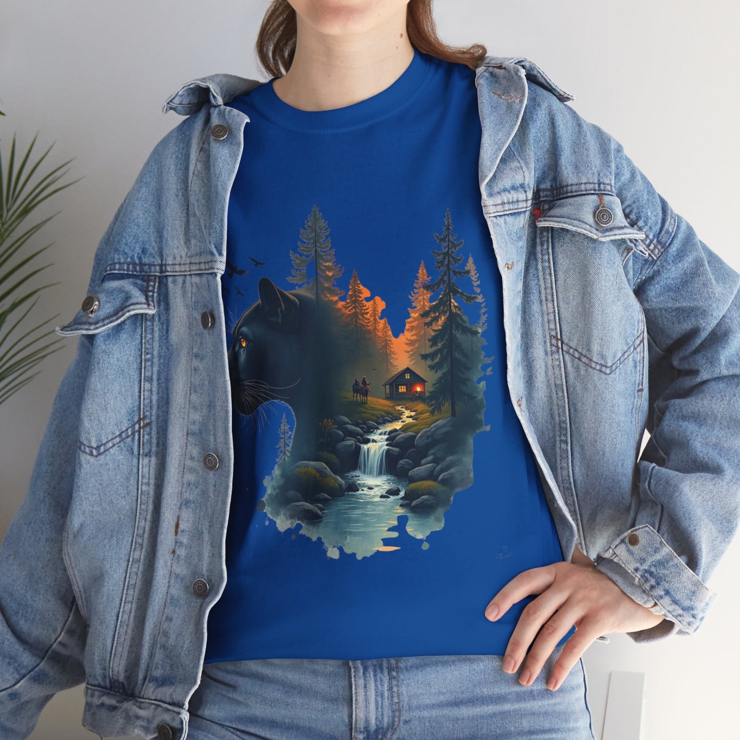 Panther Wilderness Double-Exposure Tee — Mountain Cabin Sunset Graphic Shirt