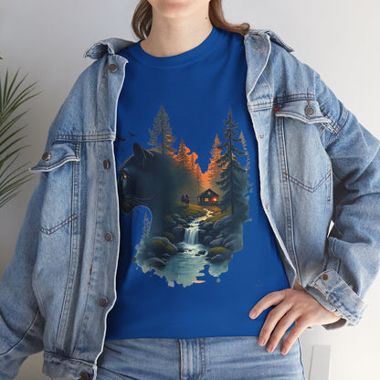 Panther Wilderness Double-Exposure Tee — Mountain Cabin Sunset Graphic Shirt