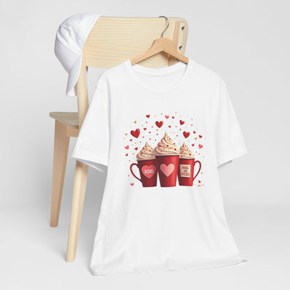 Valentine Hot Cocoa Tee — Cute Red Mugs & Hearts Coffee Shirt